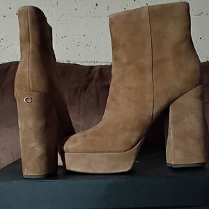 Coach Tan Suede Platform Block Heel Ankle Boots